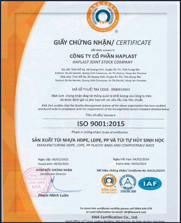 ISO 9001:2015 - Bao Bì Nhựa Haplast - Công Ty Cổ Phần Haplast