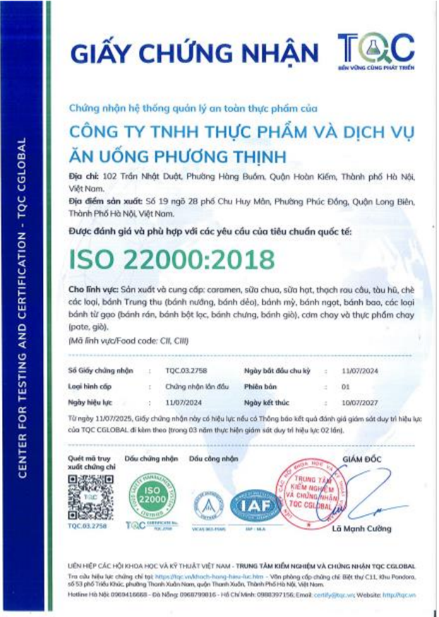 Chứng nhận VSATTP - Công Ty TNHH Thực Phẩm và Dịch Vụ Ăn Uống Phương Thịnh