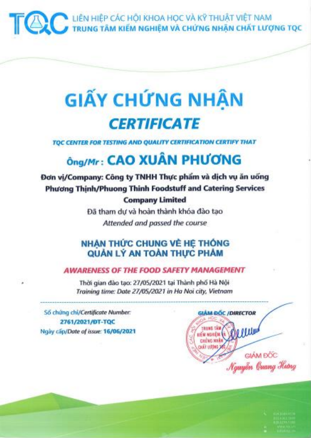 Chứng nhận VSATTP - Công Ty TNHH Thực Phẩm và Dịch Vụ Ăn Uống Phương Thịnh