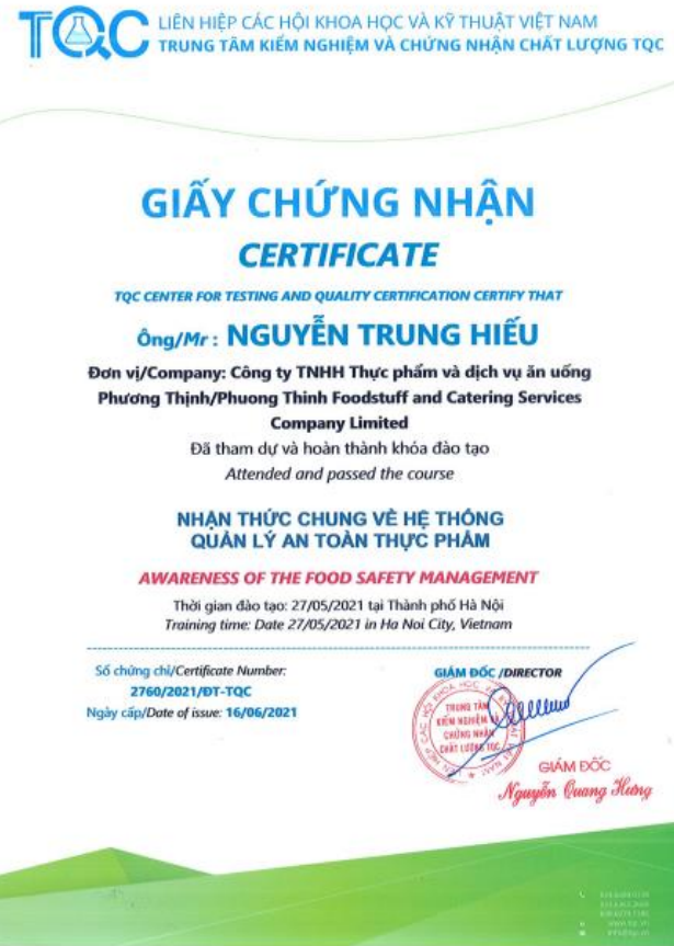 Chứng nhận VSATTP - Công Ty TNHH Thực Phẩm và Dịch Vụ Ăn Uống Phương Thịnh