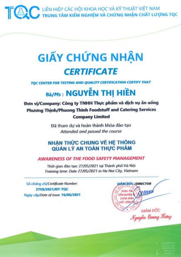 Chứng nhận VSATTP - Công Ty TNHH Thực Phẩm và Dịch Vụ Ăn Uống Phương Thịnh