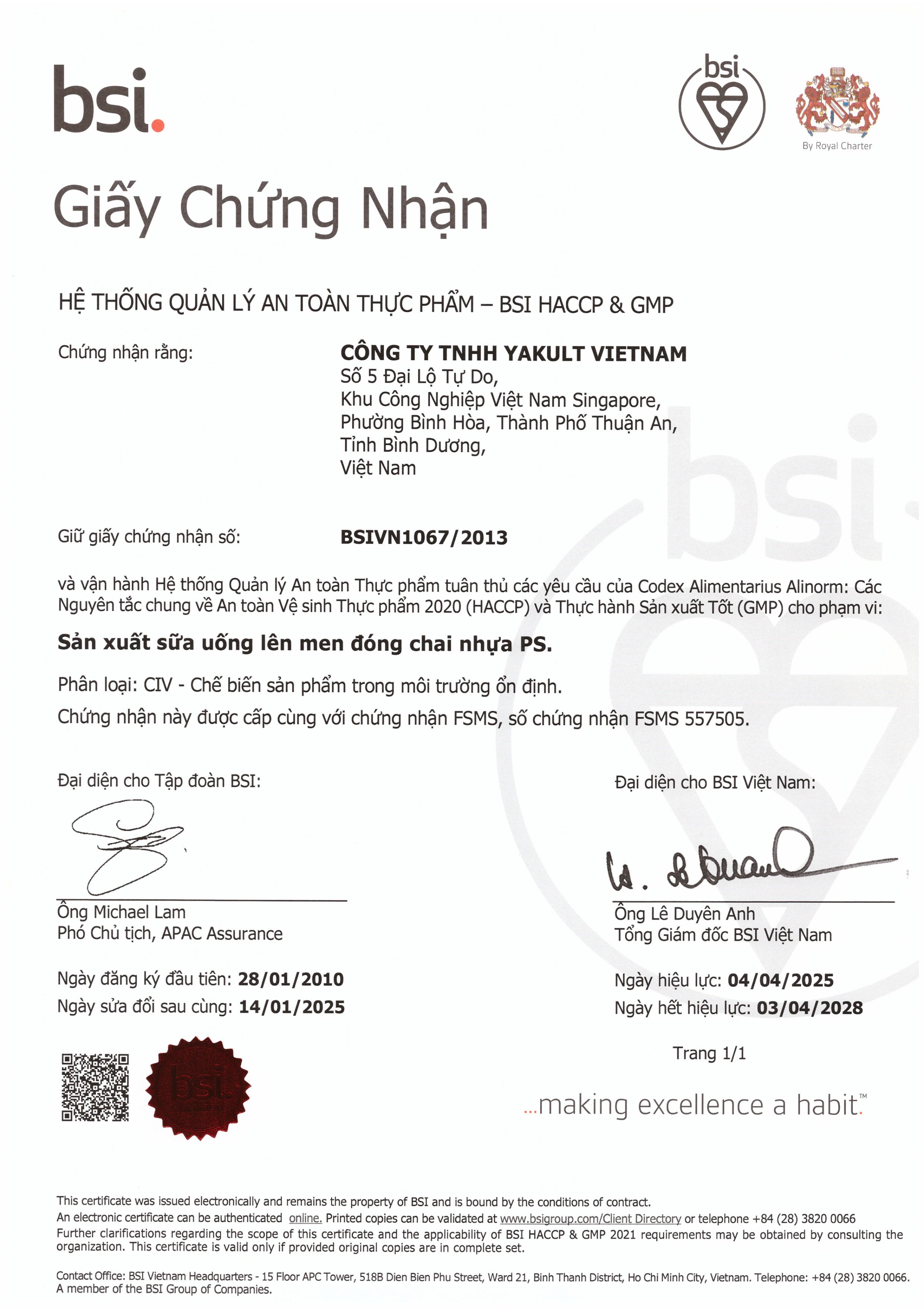 Chứng nhận của công ty Yakult - Thực Phẩm Chay Phương Thịnh - Công Ty TNHH Thực Phẩm và Dịch Vụ Ăn Uống Phương Thịnh