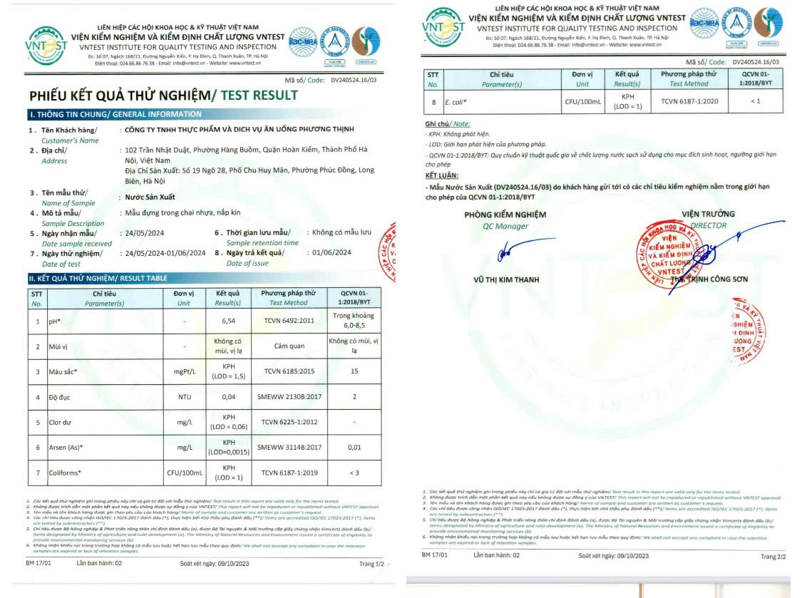 Kết quả sản phẩm nước sản xuất - Công Ty TNHH Thực Phẩm và Dịch Vụ Ăn Uống Phương Thịnh