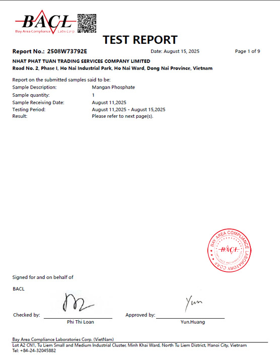 Báo cáo kiểm nghiệm BACL Mangan Phosphate - Xi Mạ Nhật Phát Tuấn - Công Ty TNHH Một Thành Viên Thương Mại Dịch Vụ Nhật Phát Tuấn