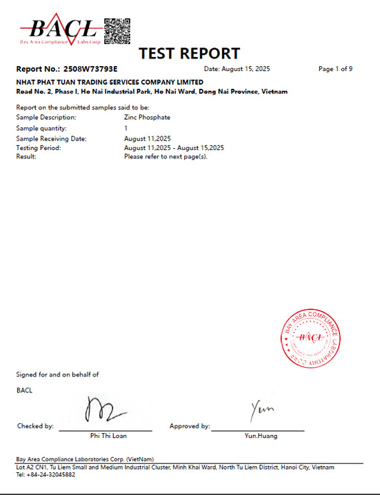 Báo cáo kiểm nghiệm BACL Zinc Phosphate - Xi Mạ Nhật Phát Tuấn - Công Ty TNHH Một Thành Viên Thương Mại Dịch Vụ Nhật Phát Tuấn