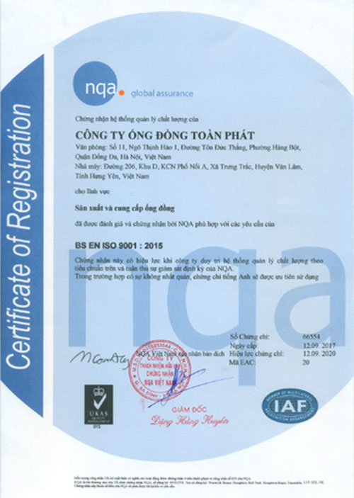 ISO 9001:2015 - ống Đồng Toàn Phát - Nhà Máy Sản Xuất ống Đồng Toàn Phát
