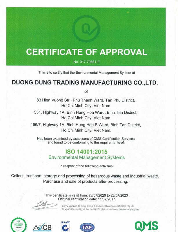 Chứng nhận ISO 14001:2015 - Thùng Phuy Dương Dung - Công Ty TNHH Thương Mại Sản Xuất Dương Dung