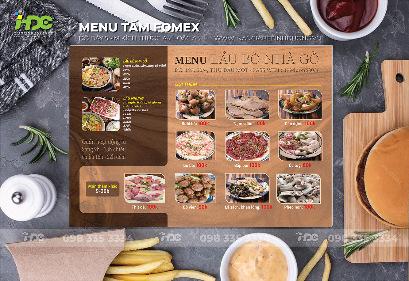 In menu dạng tấm formex - In ấn HPDC - Công Ty Trách Nhiệm Hữu Hạn HPDC
