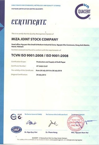 ISO 9001:2008 - Giấy Bao Bì Miza - Công Ty Cổ Phần Miza