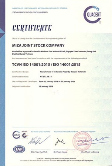 ISO 14001:2015 - Giấy Bao Bì Miza - Công Ty Cổ Phần Miza