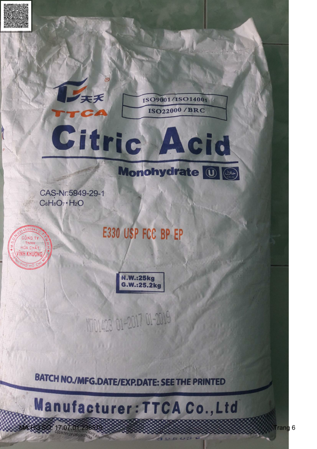 Citric Acid Monohydrate (E330) - Hóa Chất Vĩnh Khương - Công Ty TNHH Thương Mại Xuất Nhập Khẩu Vĩnh Khương