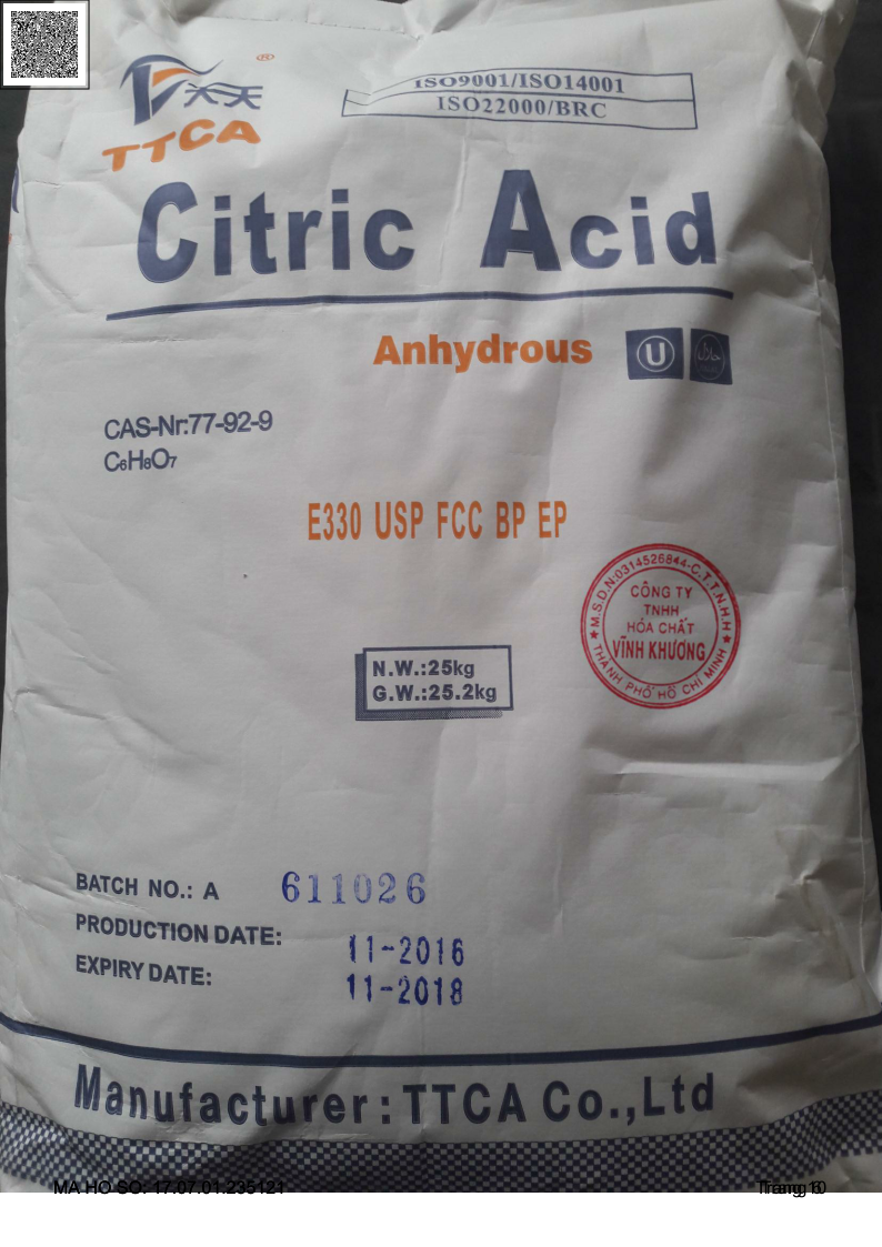 Citric Acid Anhydrous - Hóa Chất Vĩnh Khương - Công Ty TNHH Thương Mại Xuất Nhập Khẩu Vĩnh Khương
