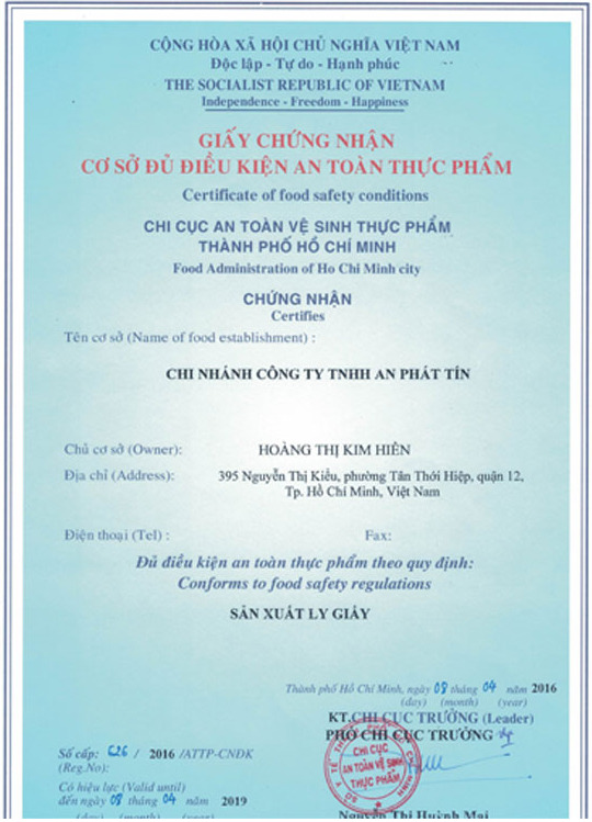 Chứng nhận an toàn thực phẩm - Ly Giấy An Phát Tín - Công Ty TNHH An Phát Tín