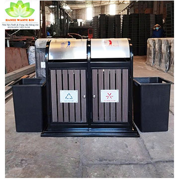 Thùng rác gỗ đôi xám