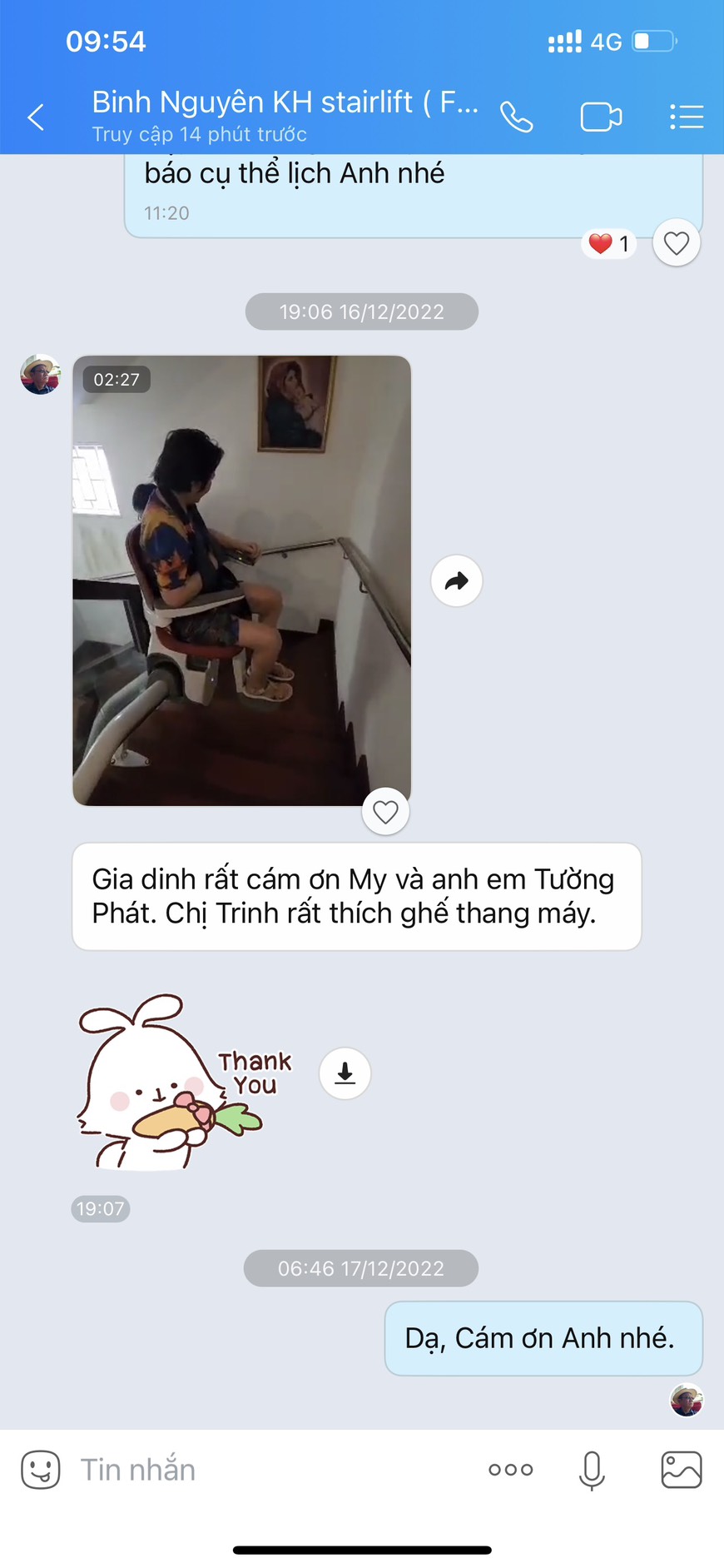 Phản hồi của khách hàng - Ghế Thang Máy STAIR LIFT - Công Ty TNHH Công Nghệ Và Môi Trường Tường Phát