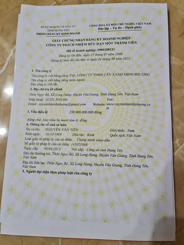 Giấy phép kinh doanh - Cây Xanh Minh Phương - Công Ty TNHH Cây Xanh Minh Phương