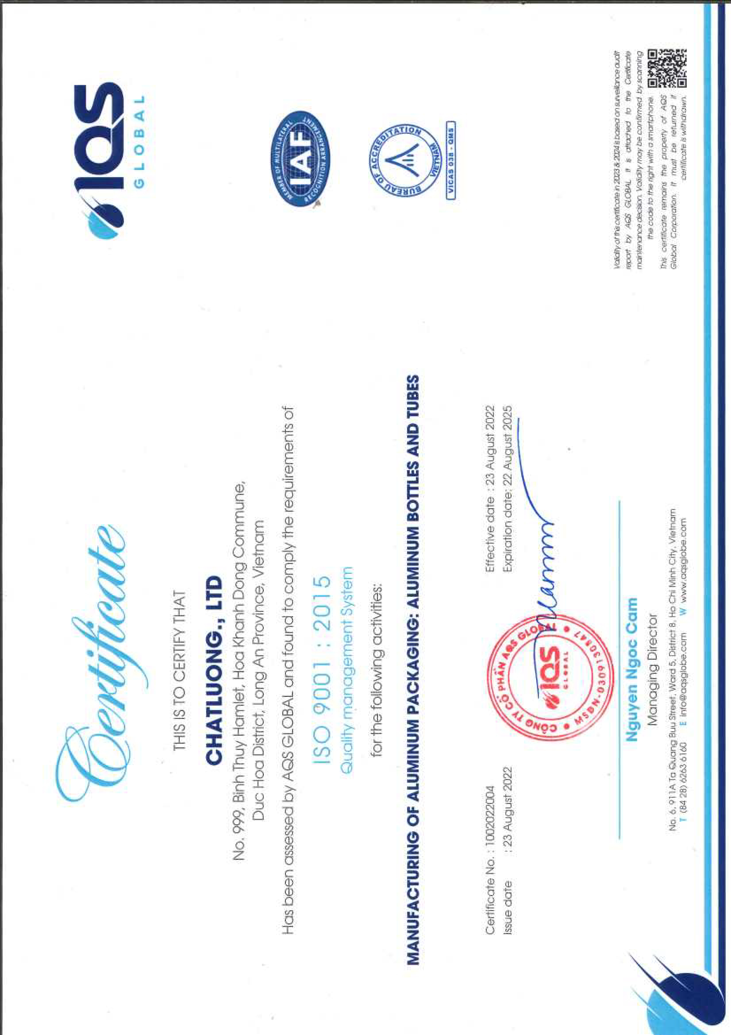 Chứng nhận ISO 9001 - Bao Bì Nhôm Chất Lượng - Công Ty TNHH Sản Xuất Thương Mại Xuất Nhập Khẩu Chất Lượng