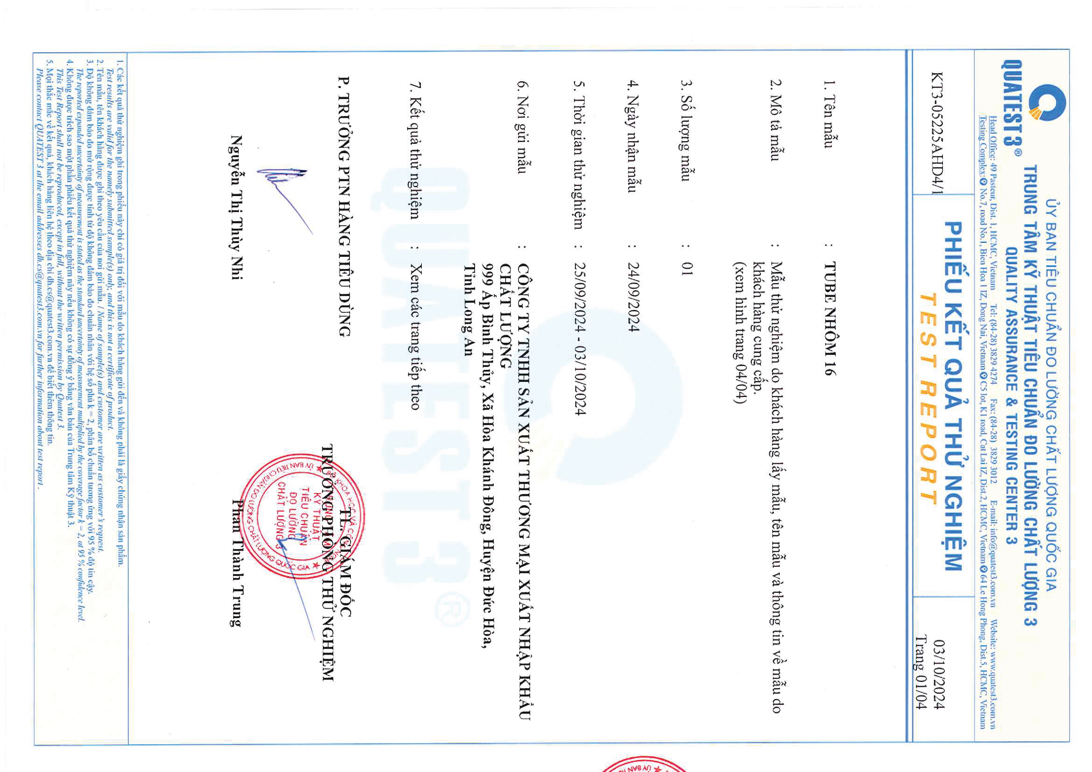 Phiếu kiểm nghiệm tuýp - Bao Bì Nhôm Chất Lượng - Công Ty TNHH Sản Xuất Thương Mại Xuất Nhập Khẩu Chất Lượng