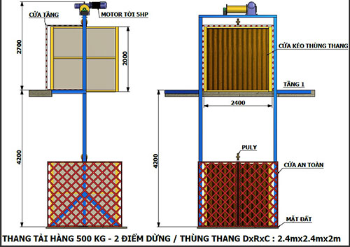 Bản vẽ thang nâng hàng 500Kg 2 điểm dừng - Vận Thăng Hoàng Gia - Công Ty TNHH TM DV Cơ Khí Hoàng Gia