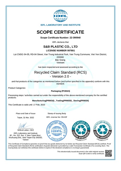 Tiêu chuẩn Tuyên bố Tái chế (RCS) - Nhựa S&B - Công Ty TNHH Nhựa S&B
