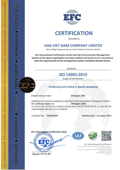 ISO 14001:2015 - Vật Liệu Đóng Gói HAB - Công Ty TNHH HAB Việt Nam