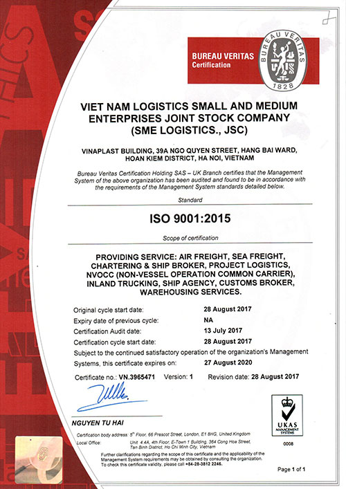 Chứng nhận ISO - SME Logistics - Công Ty CP SME Worldwide Logistics