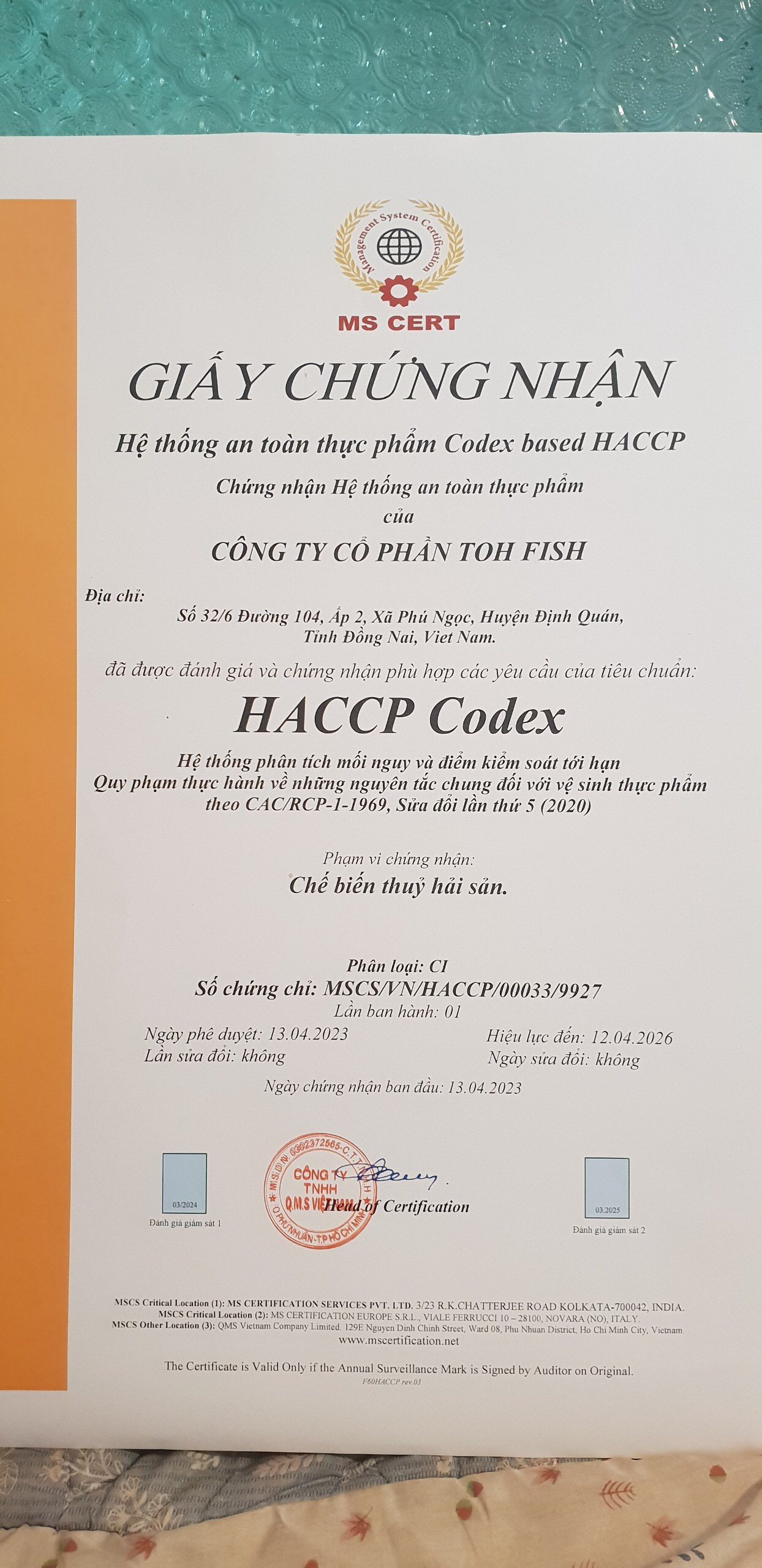 Haccp - Công Ty CP TOH Fish