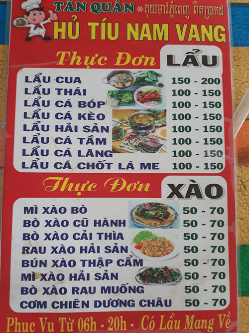 Menu nhà hàng - Quán Hủ Tiếu Nam Vang - Tân Quán