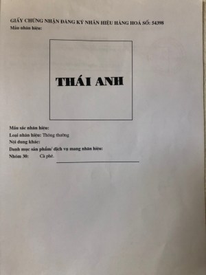 Giấy chứng nhận đăng ký nhãn hiệu - Cà Phê Thái Anh