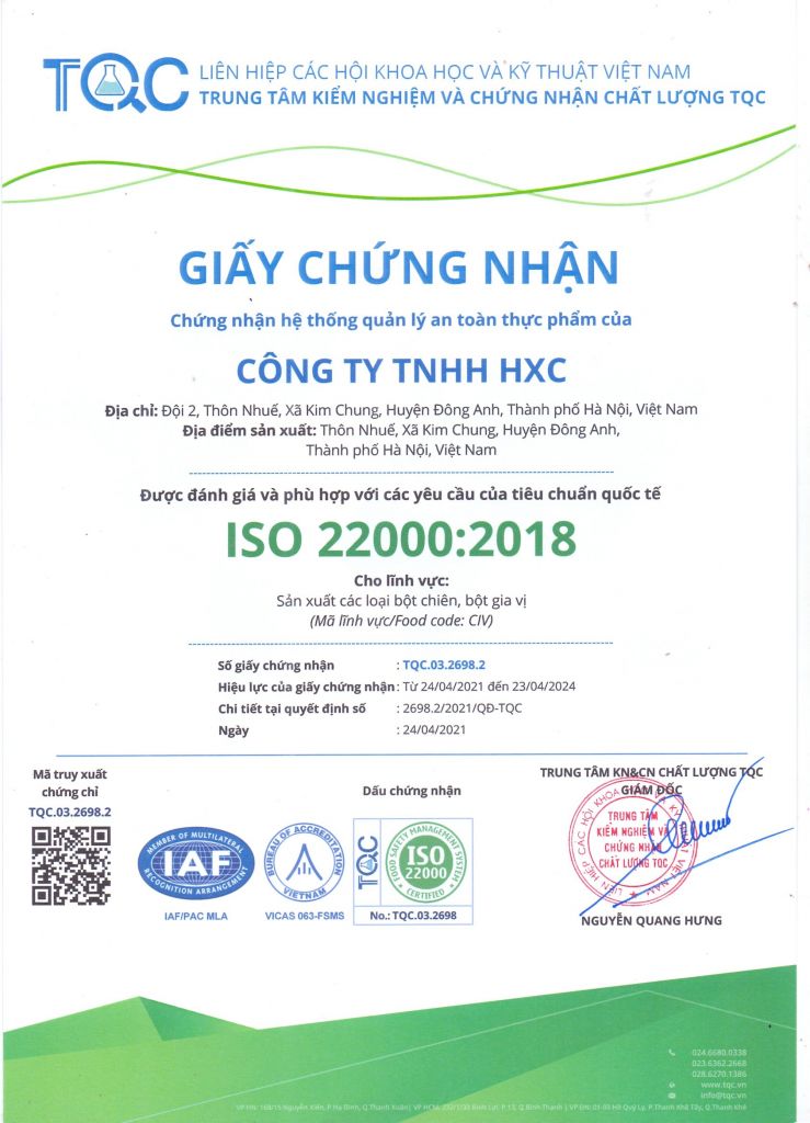 ISO 22000:2018 - Gia Vị HXC - Công Ty TNHH HXC