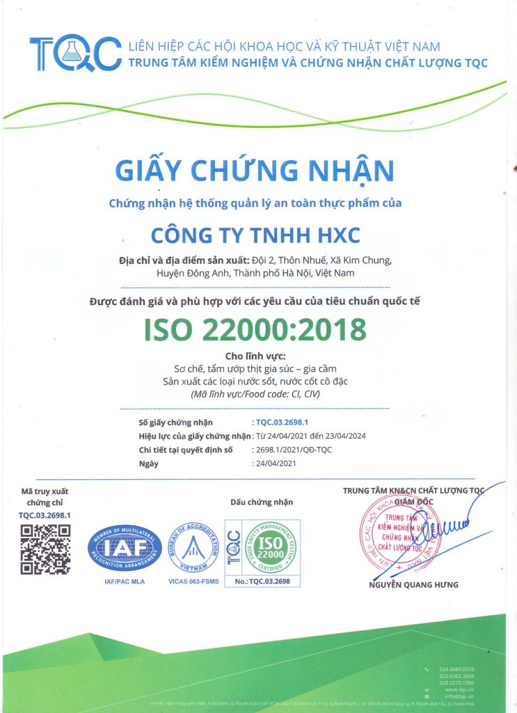 ISO 22000:2018 - Gia Vị HXC - Công Ty TNHH HXC