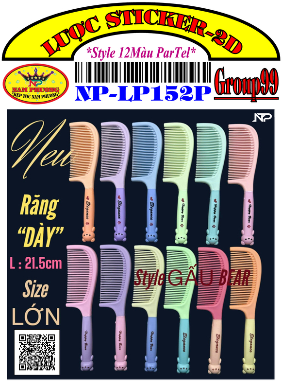 Lược lớn gấu răng dày (Sticker) 12 màu Pastel