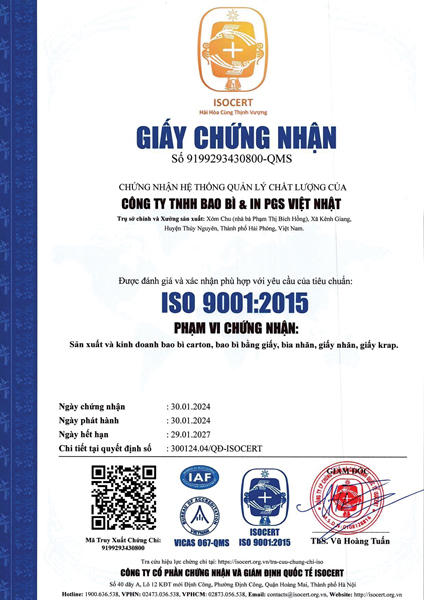 Giấy chứng nhận ISO 9001:2015 - Bao Bì PGS Việt Nhật - Công Ty TNHH Bao Bì Và In PGS Việt Nhật