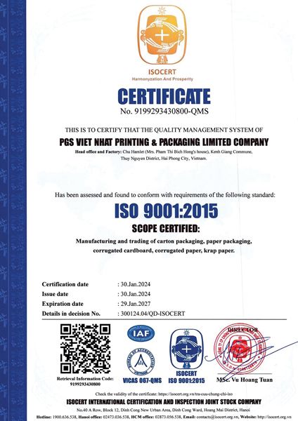 Giấy chứng nhận ISO 9001:2015 - Bao Bì PGS Việt Nhật - Công Ty TNHH Bao Bì Và In PGS Việt Nhật