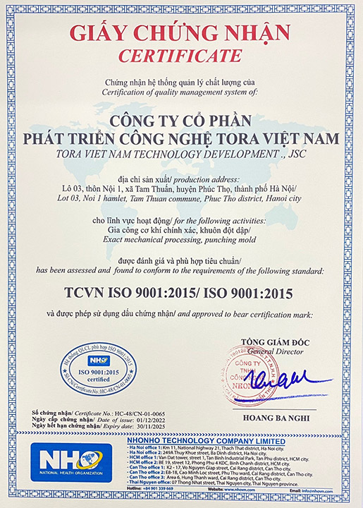 ISO 9001:2015 - Cơ Khí TORA Việt Nam - Công Ty Cổ Phần Phát Triển Công Nghệ TORA Việt Nam