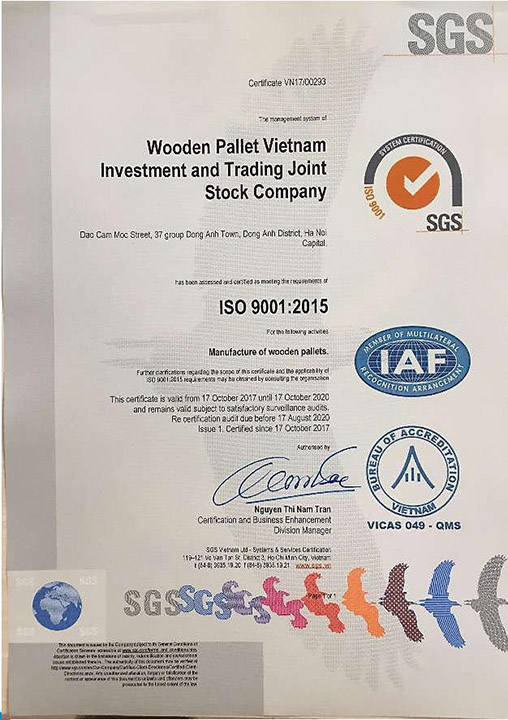 ISO 9001:2015 - Wooden Pallet Việt Nam - Công Ty Cổ Phần Đầu Tư và Thương Mại Wooden Pallet Việt Nam