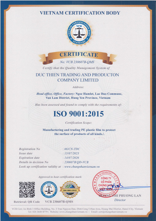 ISO 9001:2015 EN - Màng Dán Bảo Vệ Bề Mặt Đức Thiện - Công Ty TNHH Sản Xuất Và Thương Mại Đức Thiện