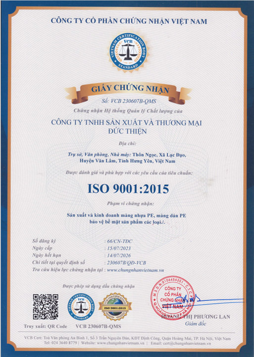 ISO 9001:2015 VN - Màng Dán Bảo Vệ Bề Mặt Đức Thiện - Công Ty TNHH Sản Xuất Và Thương Mại Đức Thiện