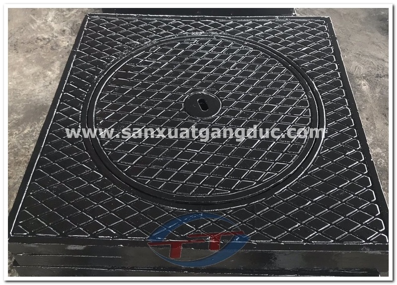 Nắp hố ga gang khung vuông dương nắp tròn 1000x1000x45