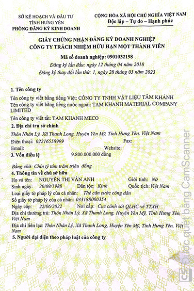 Chứng nhận - Vật Liệu Tâm Khánh - Công Ty TNHH Vật Liệu Tâm Khánh