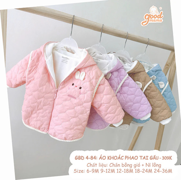 GBD4-84 áo khoác phao tai gấu goodmama chất liệu chần bông gió và nỉ lông