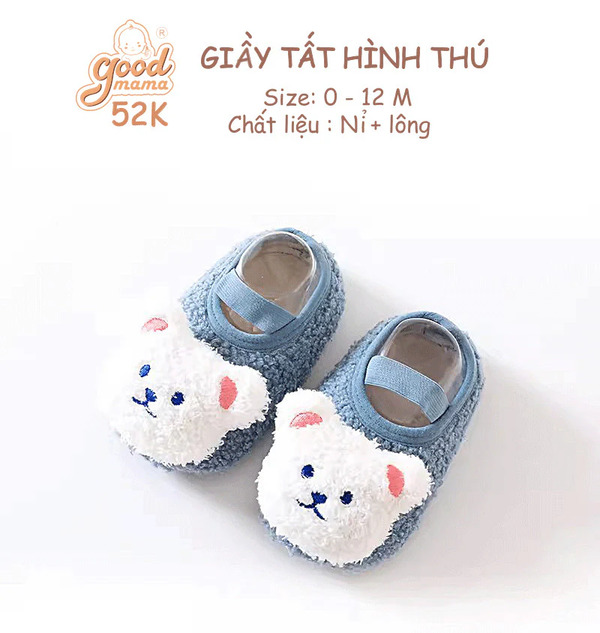 Giày tất hình thú cho bé dễ thương Goodmama, đế chống trượt chất liệu nỉ, lông