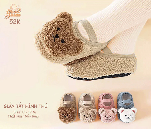 Giày tất hình thú cho bé dễ thương Goodmama, đế chống trượt chất liệu nỉ, lông