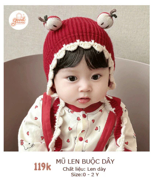 Mũ len buộc dây, chất liệu len dày dành cho bé gái 0-2Y