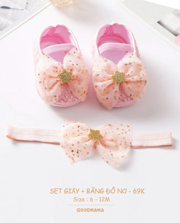 Set giầy và băng đô nơ Goodmama 6-12M