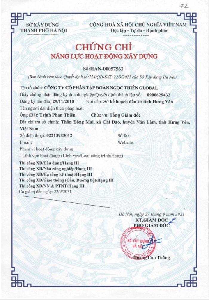 Chứng chỉ năng lực hoạt động - Chì ắc Quy Ngọc Thiên Global - Công Ty Cổ Phần Tập Đoàn Ngọc Thiên Global