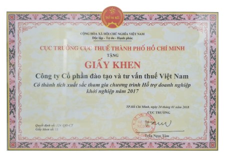 Giấy khen của Cục Thuế Tp. HCM - Tư Vấn Thuế Việt Nam (VTAX) - Công Ty Cổ Phần Đào Tạo Và Tư Vấn Thuế Việt Nam (VTAX)