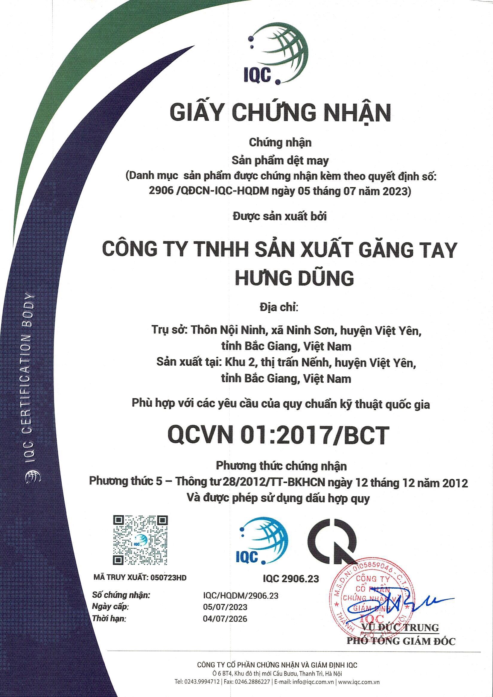 Chứng chỉ hợp quy 2023 - Găng Tay Hưng Dũng - Công Ty TNHH Sản Xuất Găng Tay Hưng Dũng