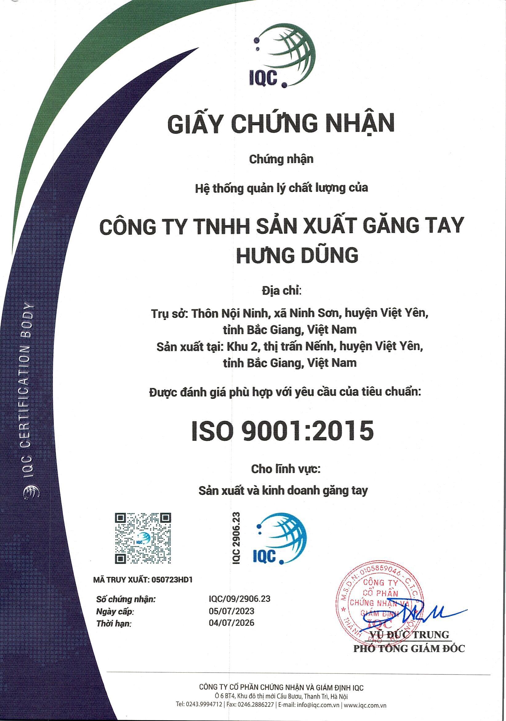 Chứng chỉ ISO 2023 - Găng Tay Hưng Dũng - Công Ty TNHH Sản Xuất Găng Tay Hưng Dũng