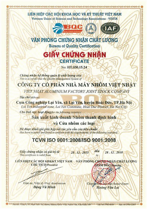 ISO 9001:2008 - Nhôm Việt Nhật - Công Ty Cổ Phần Nhà Máy Nhôm Việt Nhật